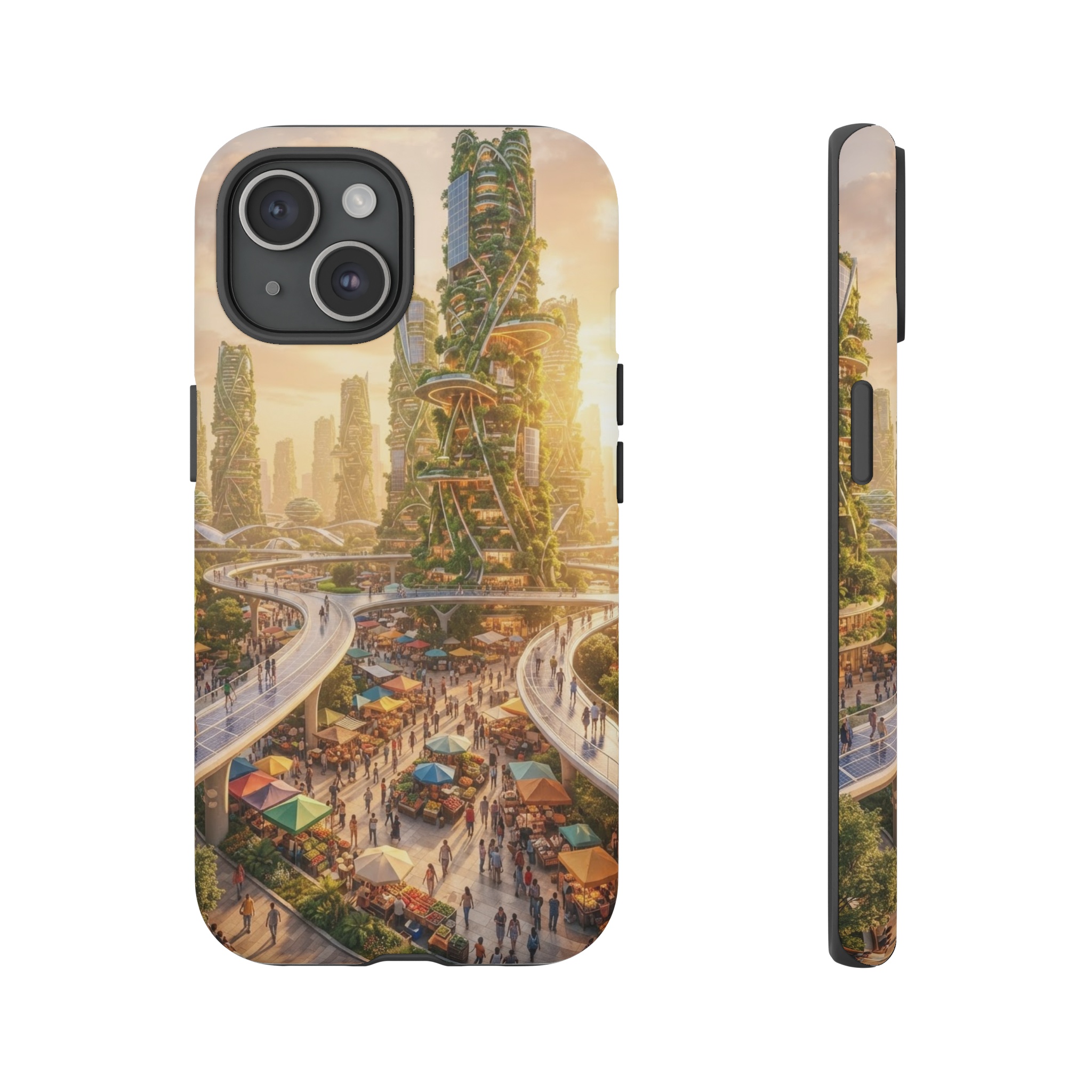 A radiant skyline of sleek, algae‑covered towers intertwined with vertical gardens, where solar-paneled walkways curve over bustling plazas filled with sun‑lit market stalls, all bathed in a warm, golden haze.