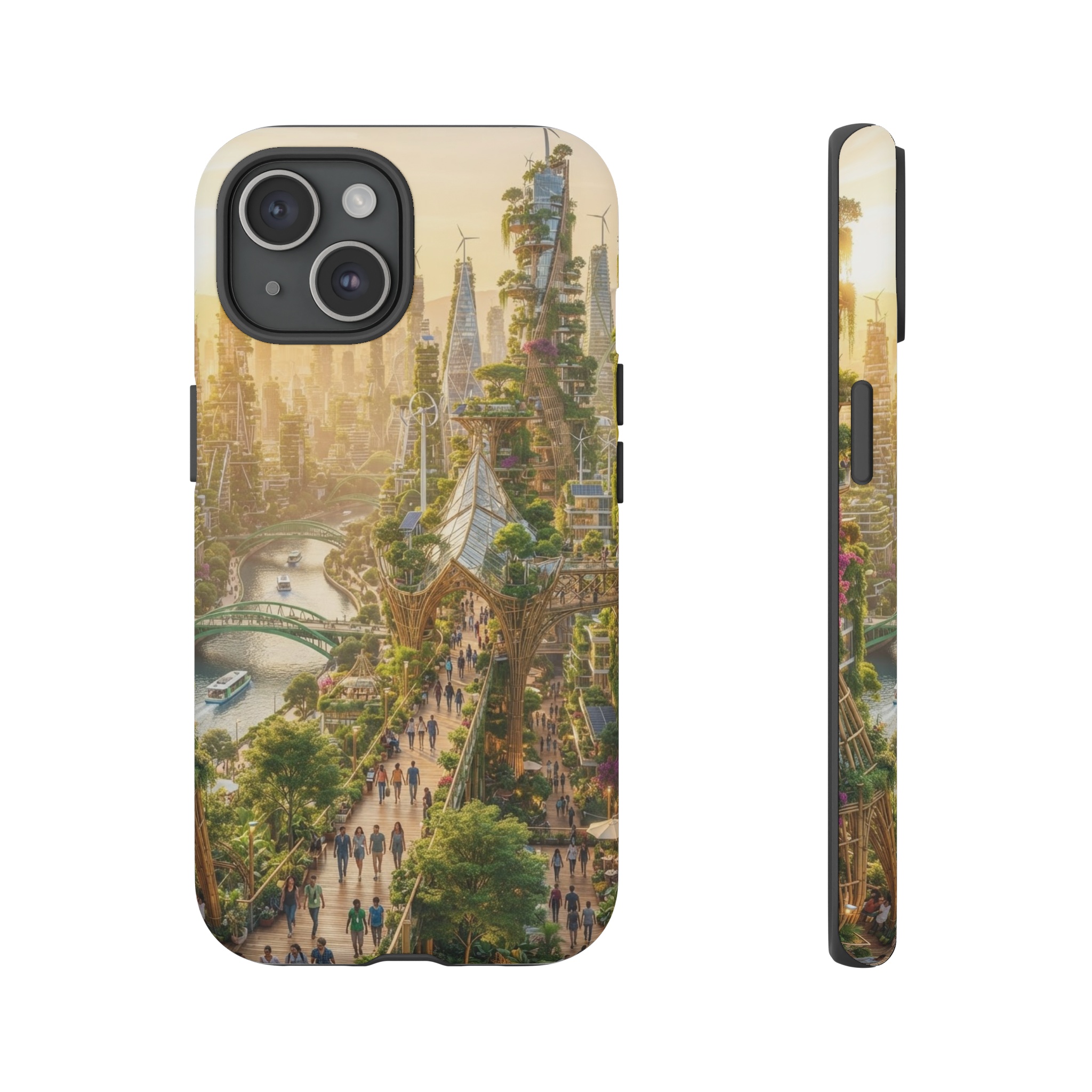 A lush, sunlit city of towering glass and bamboo structures, intertwined with hanging gardens and wind turbines, where vibrant green vines climb the facades and pedestrians stroll under a golden, hazy sky.