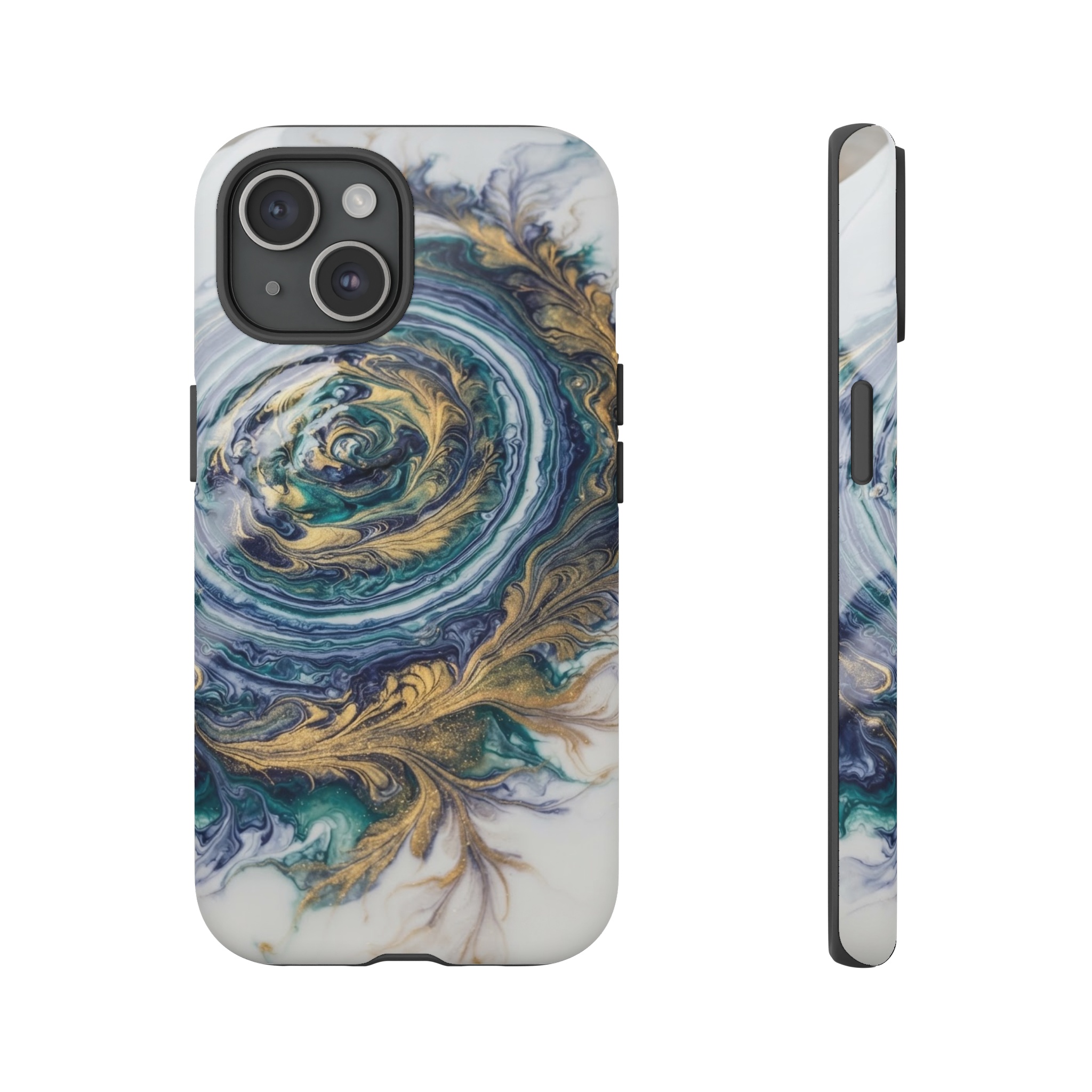 A swirling, abstract composition of concentric circles and feather‑like veins in deep indigo, teal, and gold, where the colors blend and collide on a glossy white surface, illuminated by soft diffused light that highlights the luminous, rippled patterns.