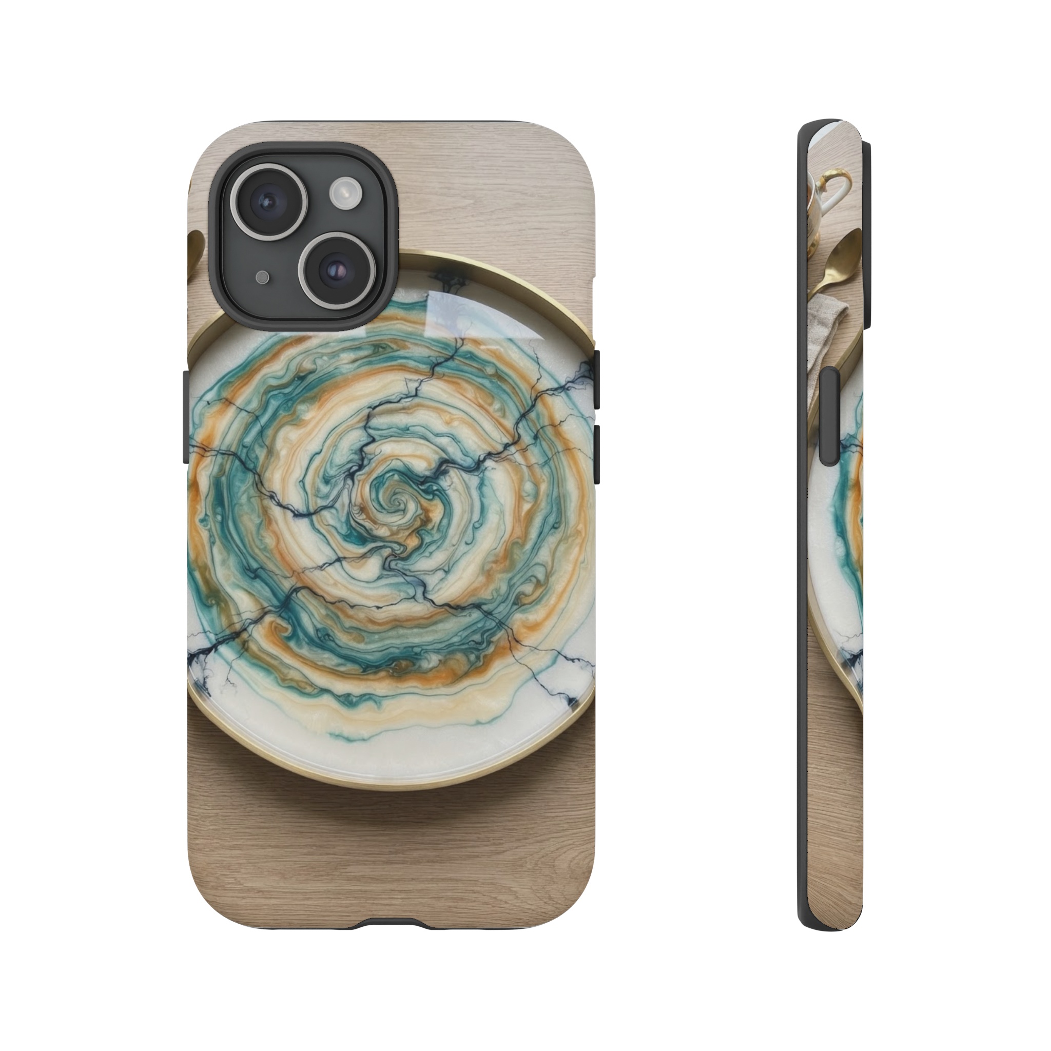 A circular tray of swirling, concentric patterns in teal, amber, and ivory, where dark veins of ink ripple outward like gentle ocean currents across a glossy white background