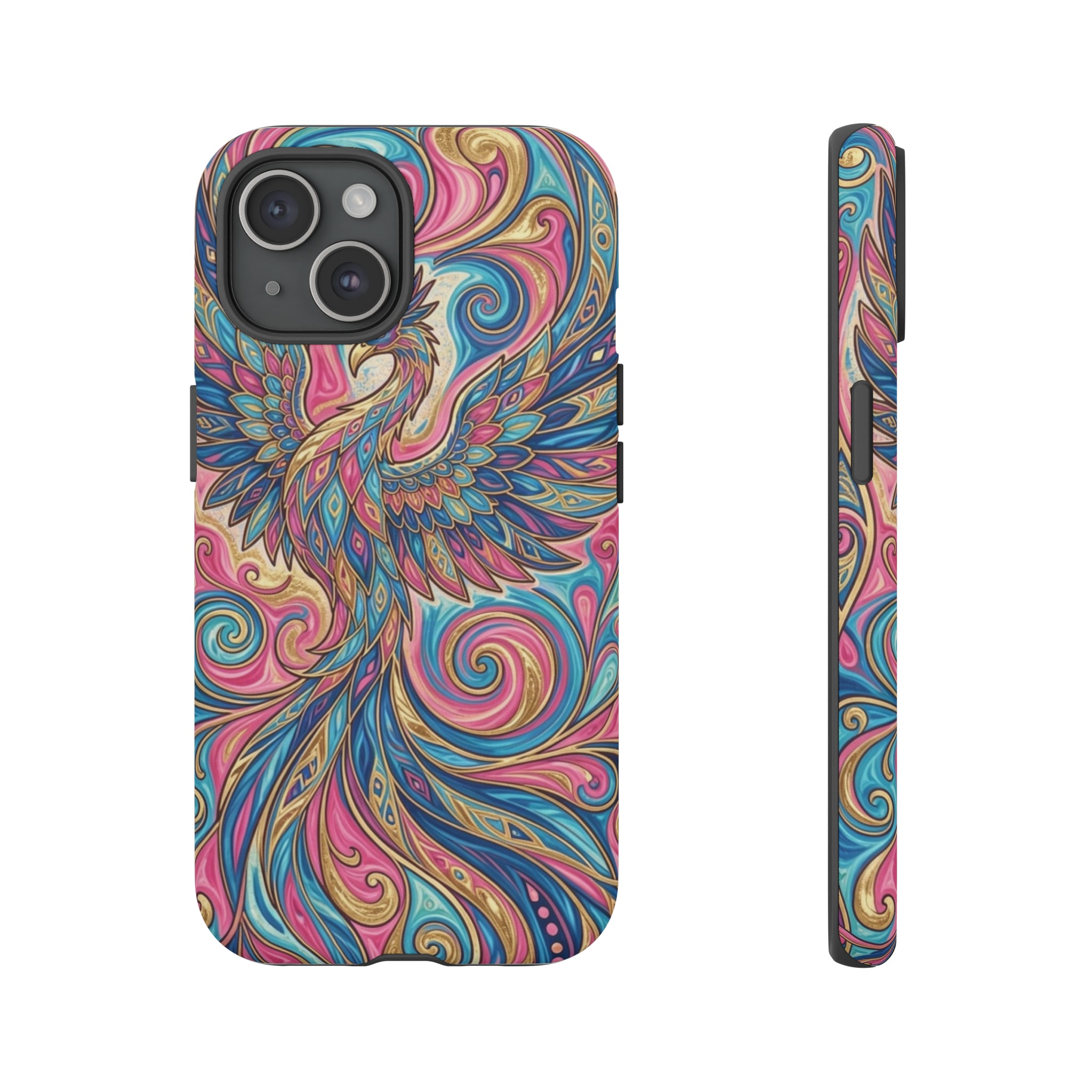 A vivid phoenix rises from swirling, psychedelic marbled patterns in blues, pinks and gold, its feathers forming intricate Art Nouveau vines that fill a mosaic‑like background of flowing lines and organic shapes.