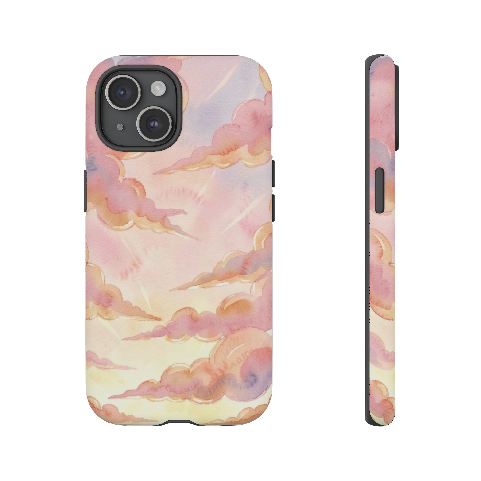 A sunrise unfurls like a giant pastel watercolor blossom, layers of soft pink, amber, and lavender clouds billowing outward as delicate brushstrokes of light bloom across the sky, each layer gently overlapping like petals opening to the new day.