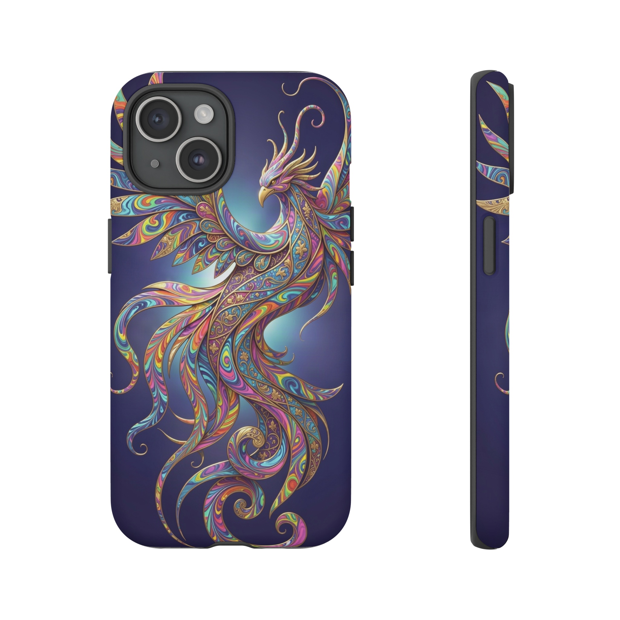 A vibrant phoenix with sinuous, flowing feathers rendered in psychedelic ebru marbling patterns, its body composed of overlapping Art Nouveau mosaics of swirling vines and gilded accents, set against a deep indigo background lit by a soft, luminous glow that highlights the intricate, jewel‑tone swirls.