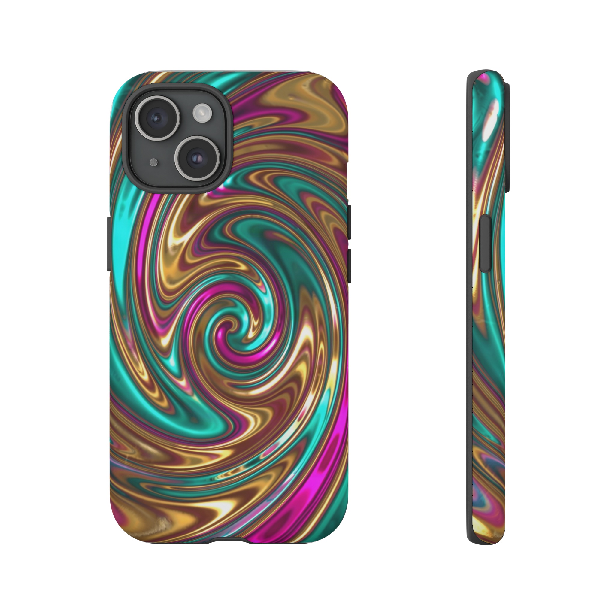 A vortex of vibrant, iridescent swirls in teal, magenta, and gold, rippling like liquid glass across the canvas with luminous highlights that suggest depth and motion.