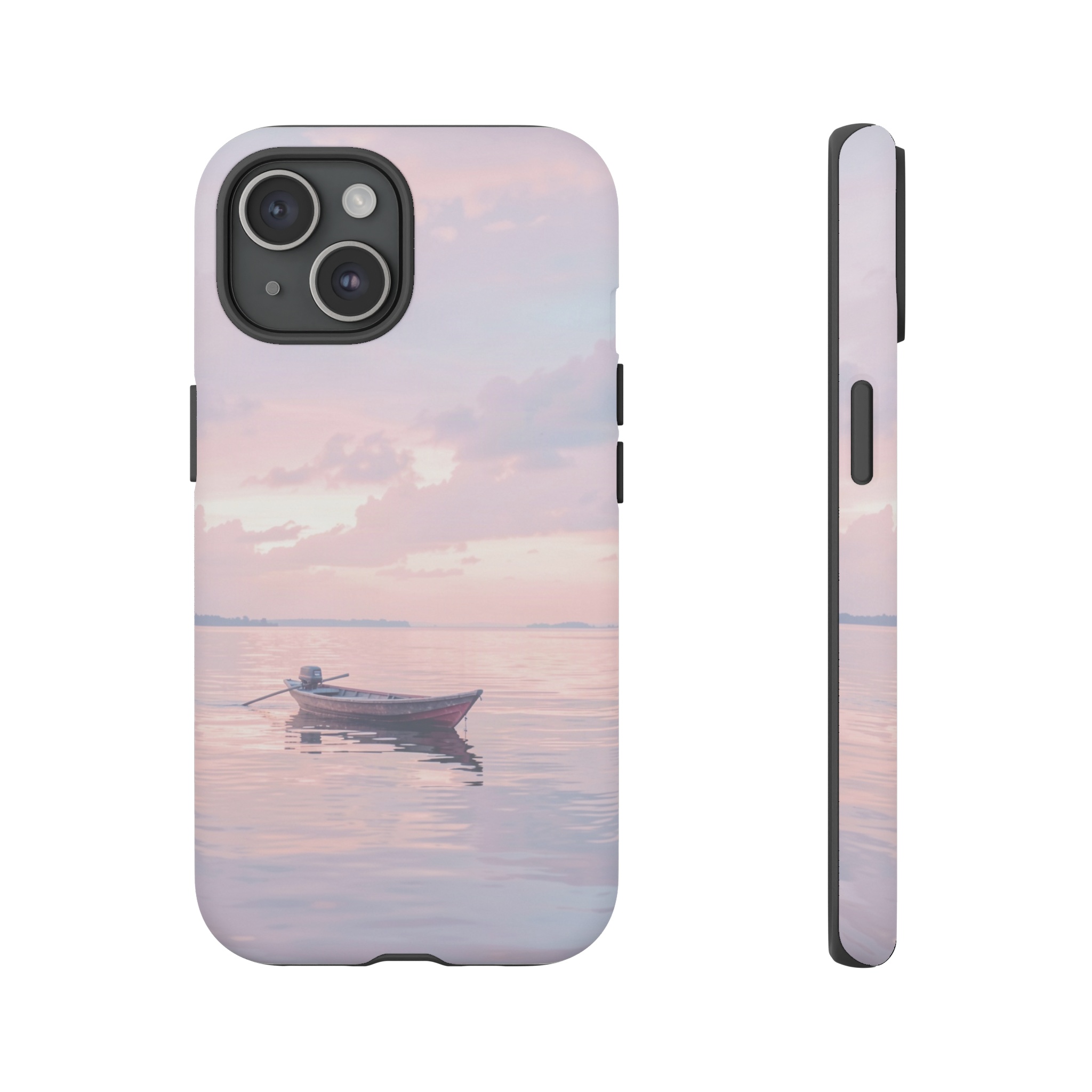 A gentle, airy landscape where a lone rowboat drifts under a soft, pastel sunrise, the sky rendered in hazy pinks, blues, and lilac washes that blend with the calm water below.