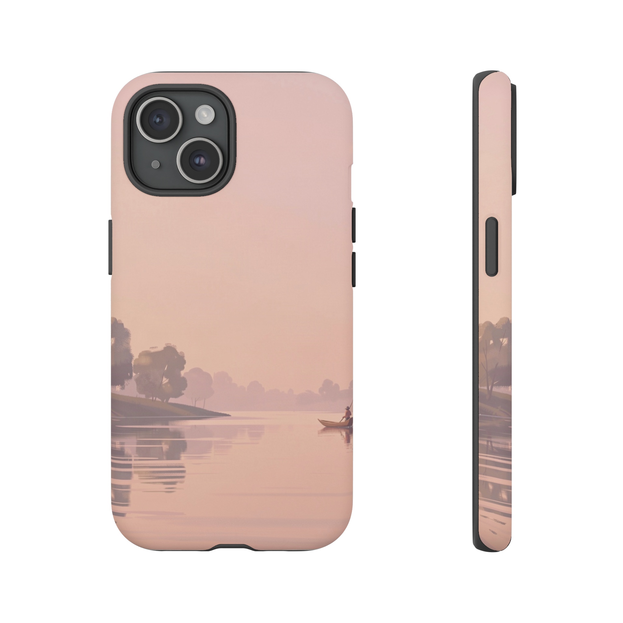 A breezy riverside scene bathed in soft pastel hues, where a hazy pink‑orange sky diffuses light over gentle water, dotted with distant, loosely brushed trees and a solitary fisherman in a small boat.