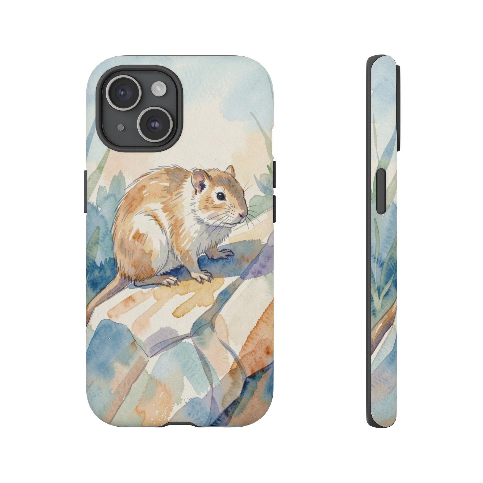 A small hyrax perched on a rocky outcrop bathed in soft, pastel light, rendered in loose gouache strokes with vibrant blues, warm ochres, and gentle greens blending to suggest the animal’s delicate fur and the surrounding foliage.
