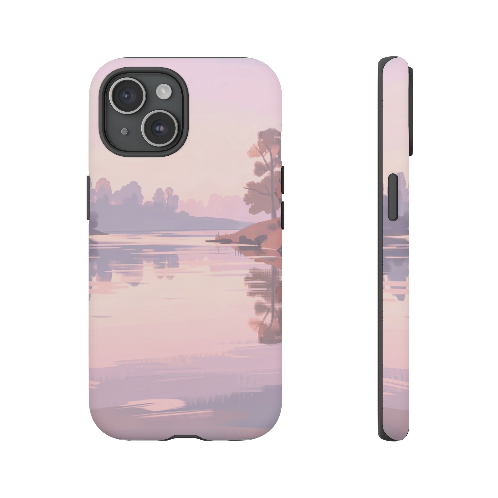 A tranquil riverbank bathed in soft pastel hues of pink and lavender, where a hazy sky diffused with gentle light reflects on the water, and distant treelines are hinted with vague brushstrokes.