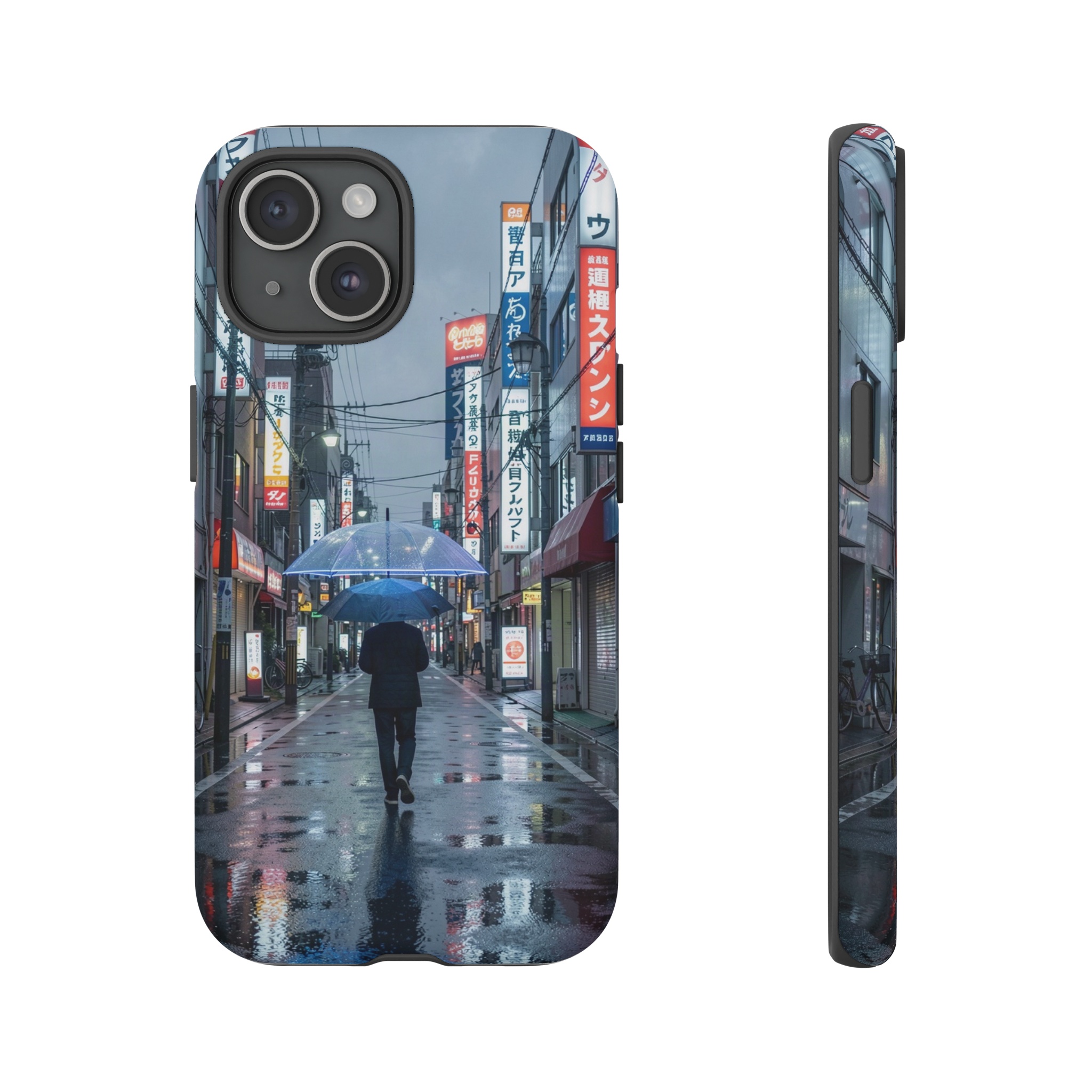 A solitary figure under a glossy, neon-lit umbrella walks down a slick, narrow Tokyo street at night, reflections of towering billboard signs shimmering in puddles, while a muted, overcast sky drapes the scene in deep blue-gray tones.