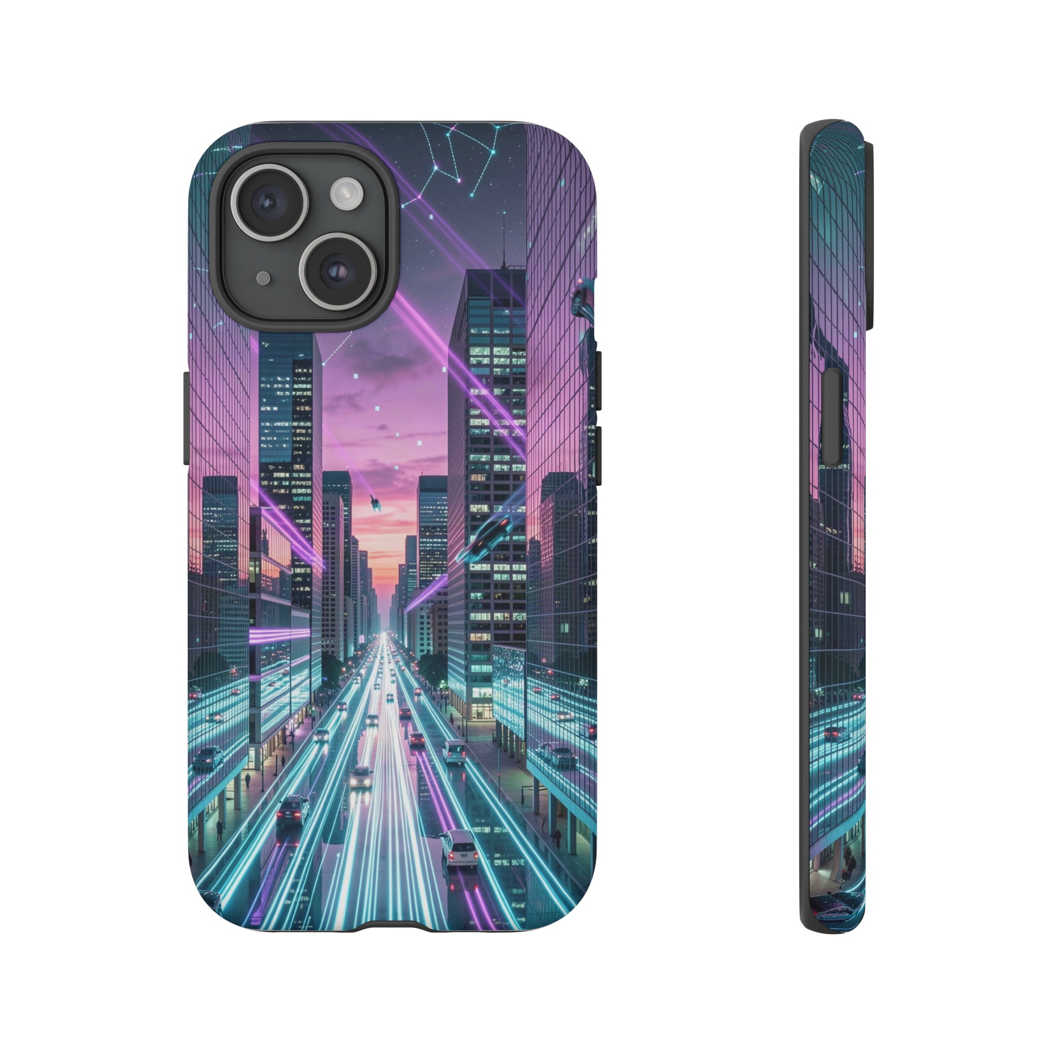 A neon‑blue river of light flows through a grid of mirrored skyscrapers, their chrome facades reflecting a perpetual sunset of magenta and teal while hovering cars leave trails of violet across a sky speckled with pixelated constellations.