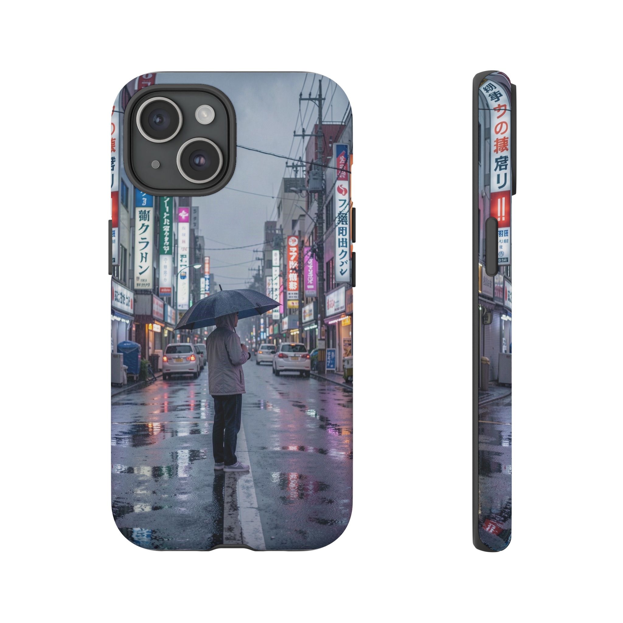 A lone figure with a rain‑slick umbrella stands on a neon‑lit street in Tokyo, the puddles reflecting muted blues and purples of the city lights under a heavy, overcast sky.