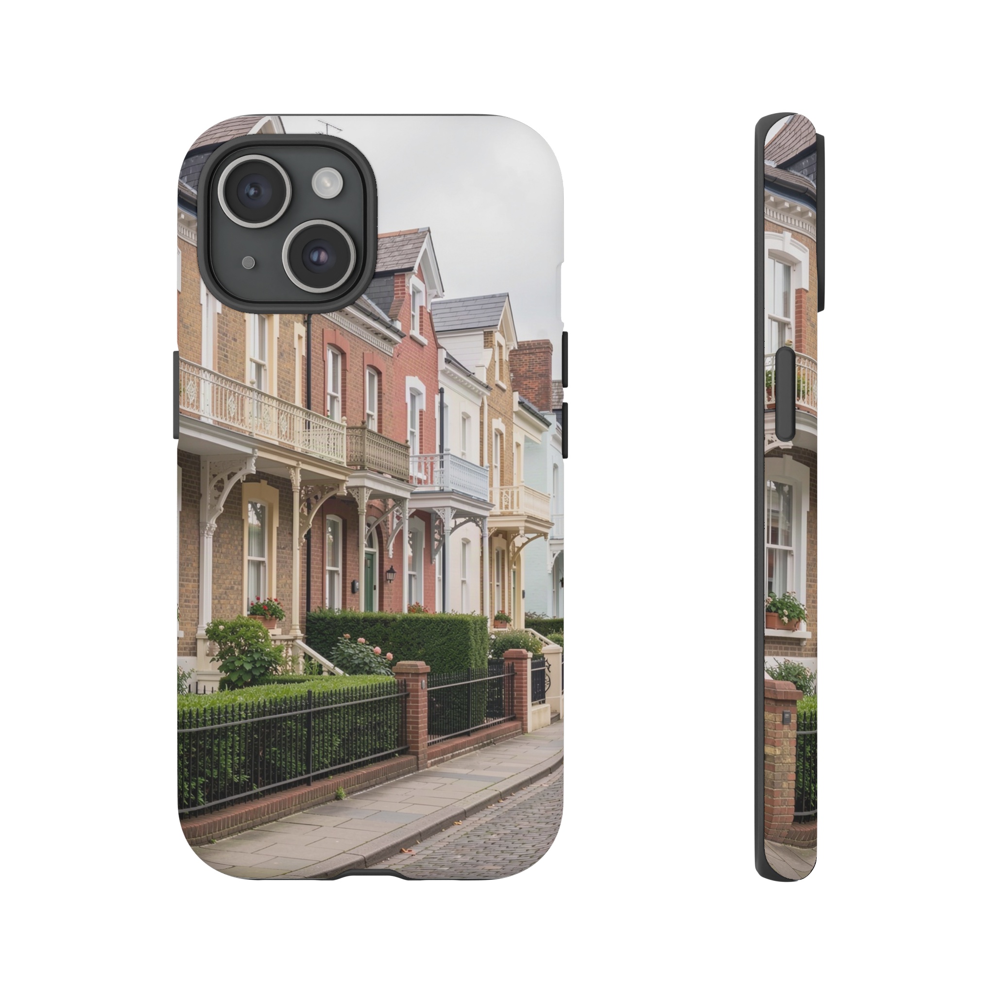 A tidy row of brick Victorian houses with ornate balconies, painted in muted pastel colors, under a soft, overcast sky, their windows aligned and gardens trimmed, framed by a narrow cobblestone street.