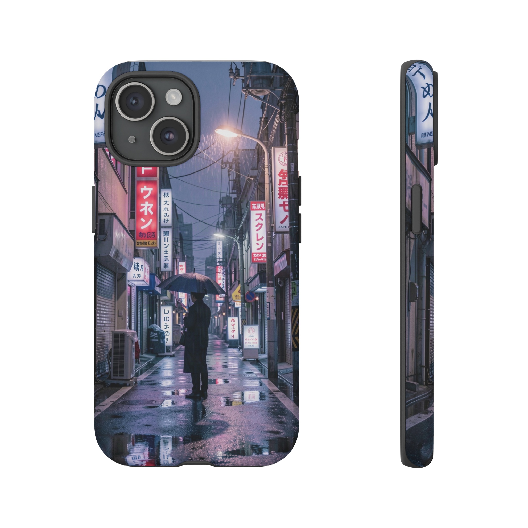 A rain‑slick narrow street in Tokyo at night, neon signs reflected in puddles, with a lone figure holding an umbrella standing under a single streetlamp, the scene drenched in deep blues and muted purples.